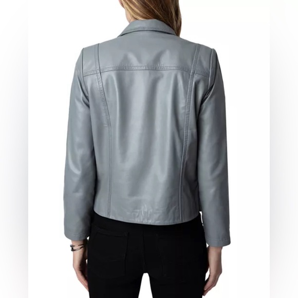 NWT Zadig & Voltaire Litchi Cuir Lisse Grey Leather Jacket - Picture 2 of 3